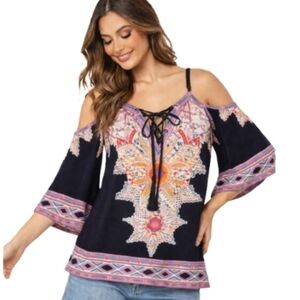 Flying Tomato Boho Cold Shoulder Top Black Mandala Lace-Up Tassel Large